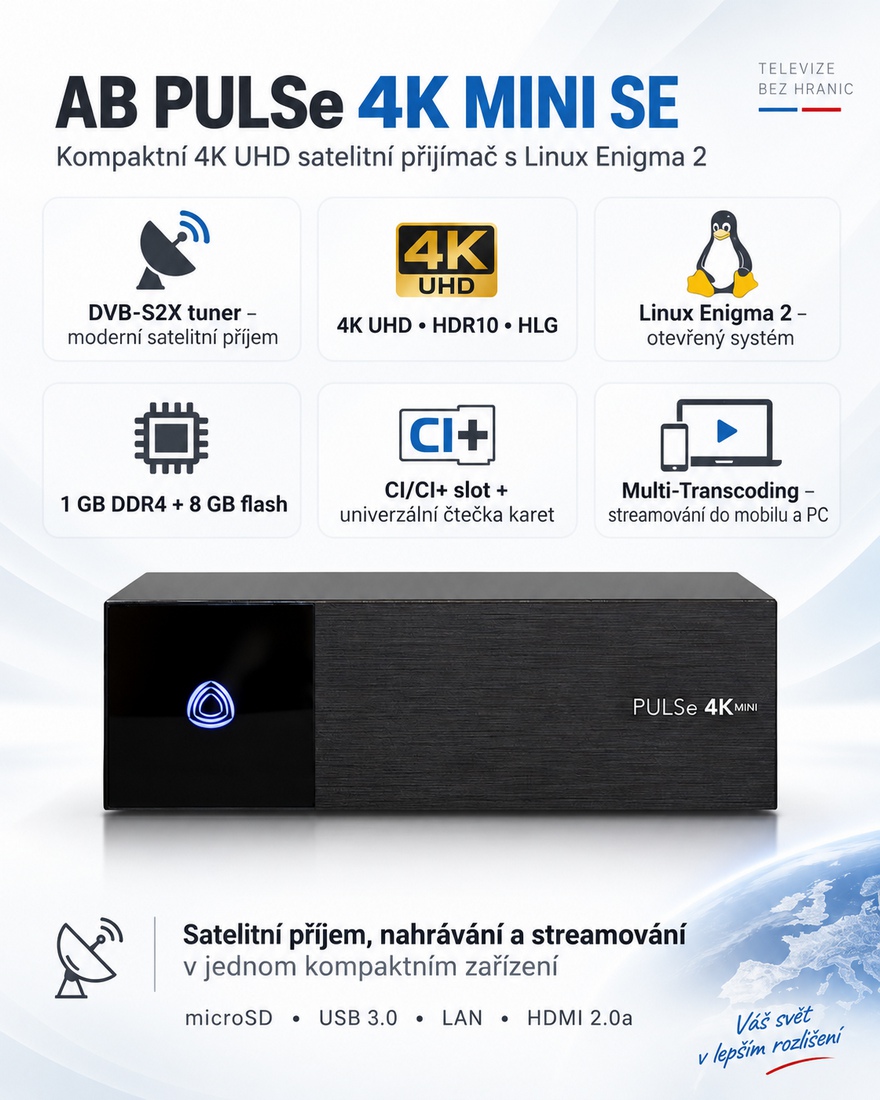 Satelitní přijímač AB PULSe 4K MINI SE s DVB-S2X tunerem, systémem Linux Enigma2, slotem CI+ a dálkovým ovladačem AB ALL TV